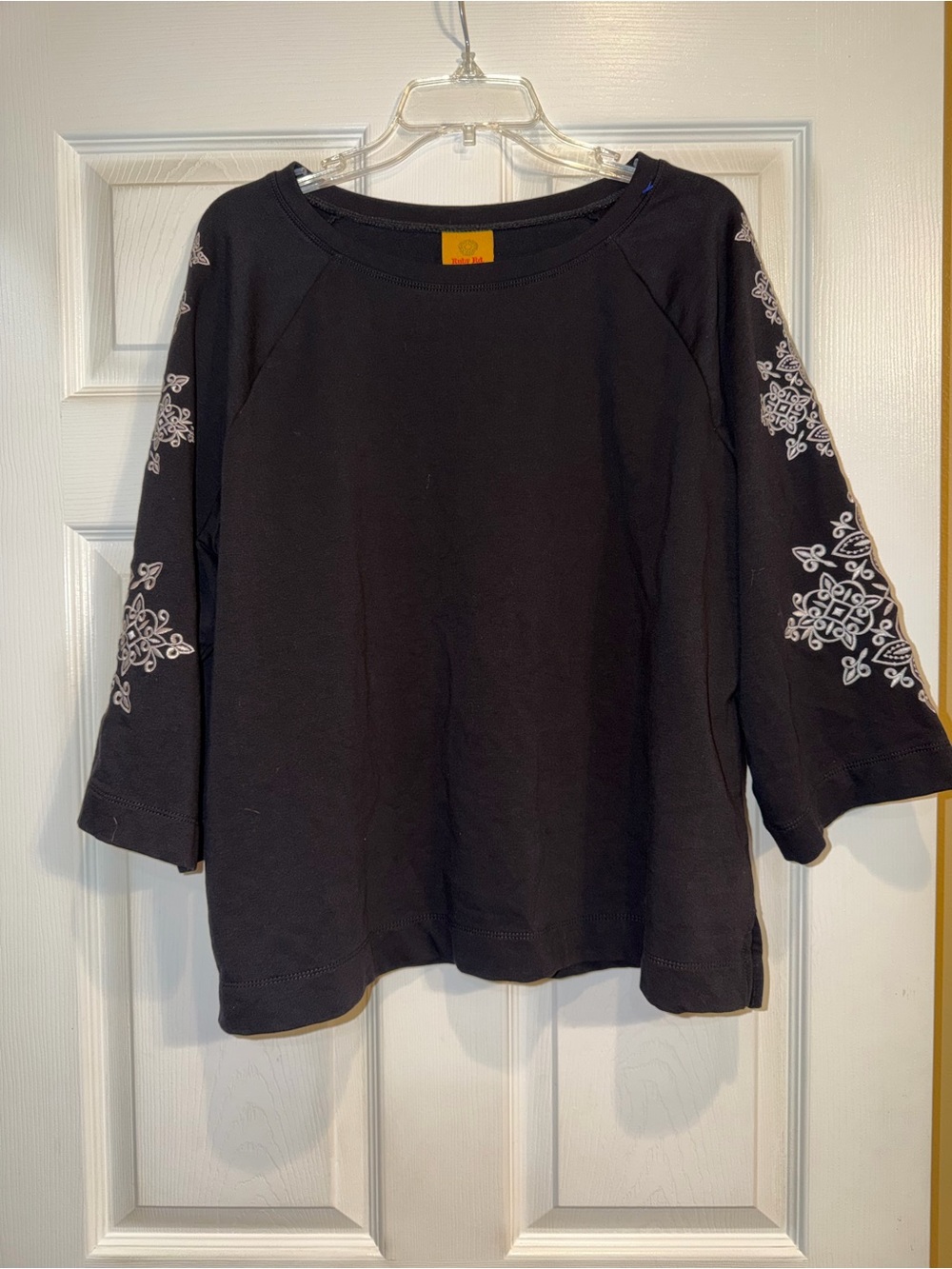 Ruby Rd. Black Sweatshirt with White Embroidered Sleeves